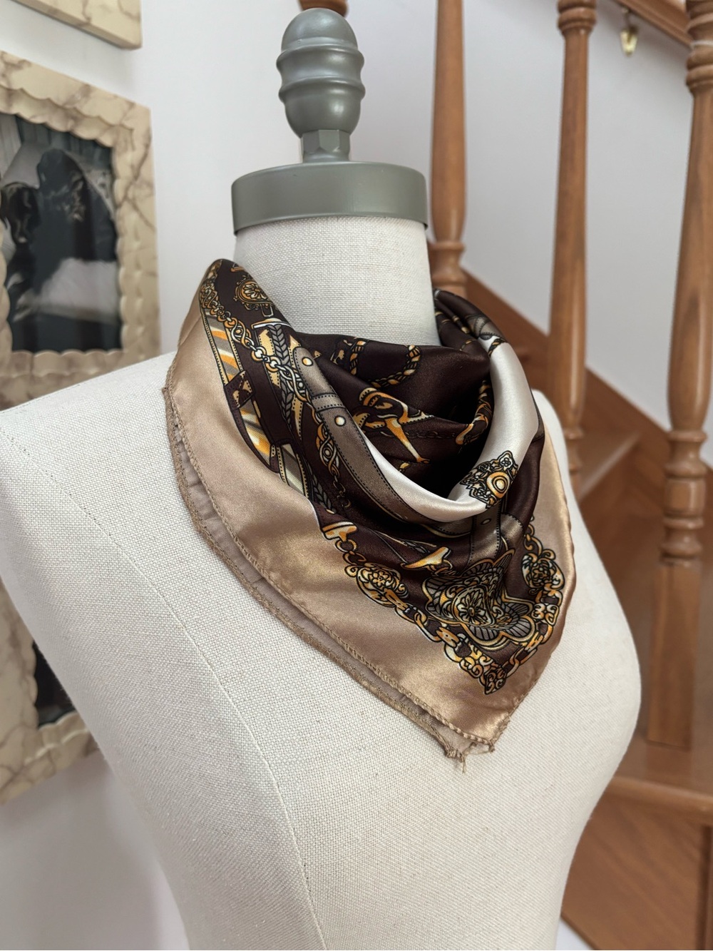 Satin Baroque Pattern Brown and Gold Head Scarf